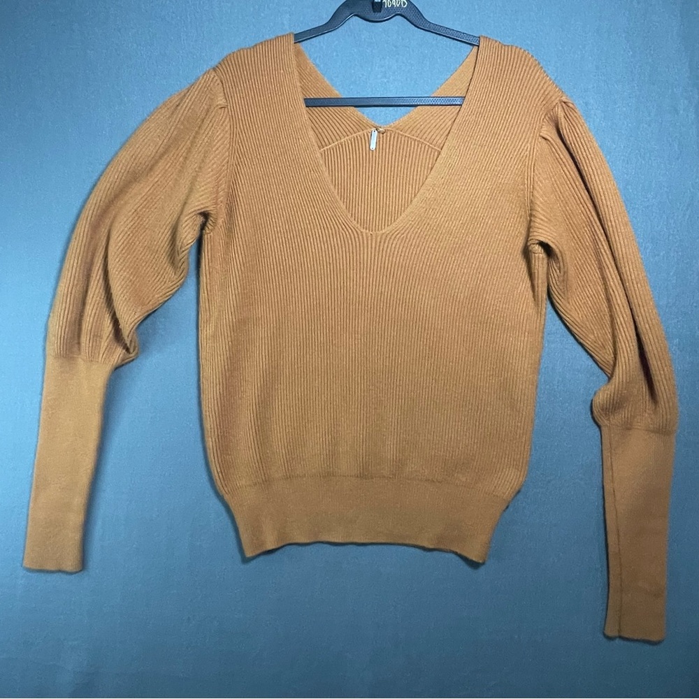 Free People Camel Ribbed V Neck Sweater Small Fitted Boho Knit